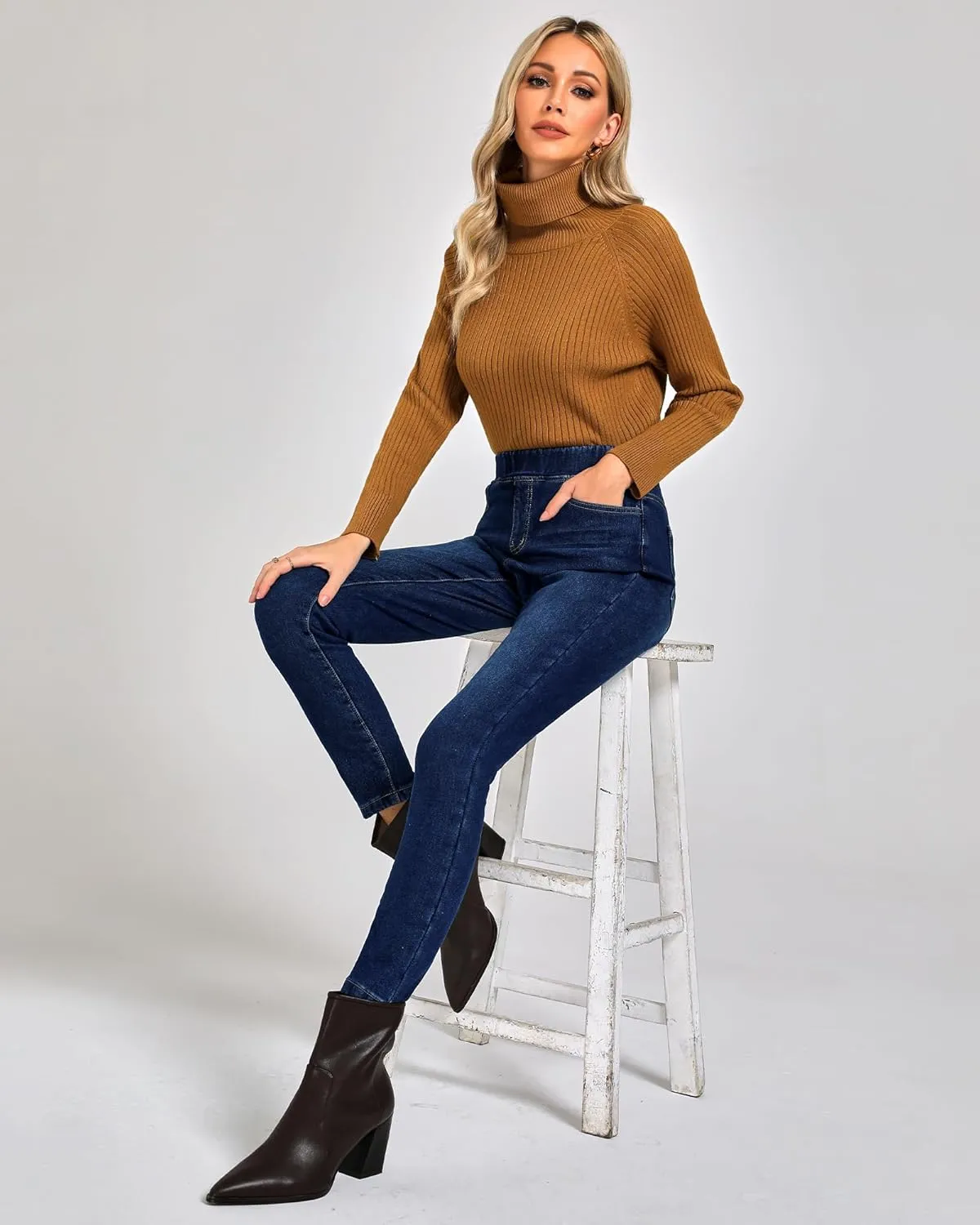 GRAPENT Jeans for Women High Waisted Pull On Fleece Lined Leggings Stretchy Denim Skinny Jeggings Thermal Winter Pants