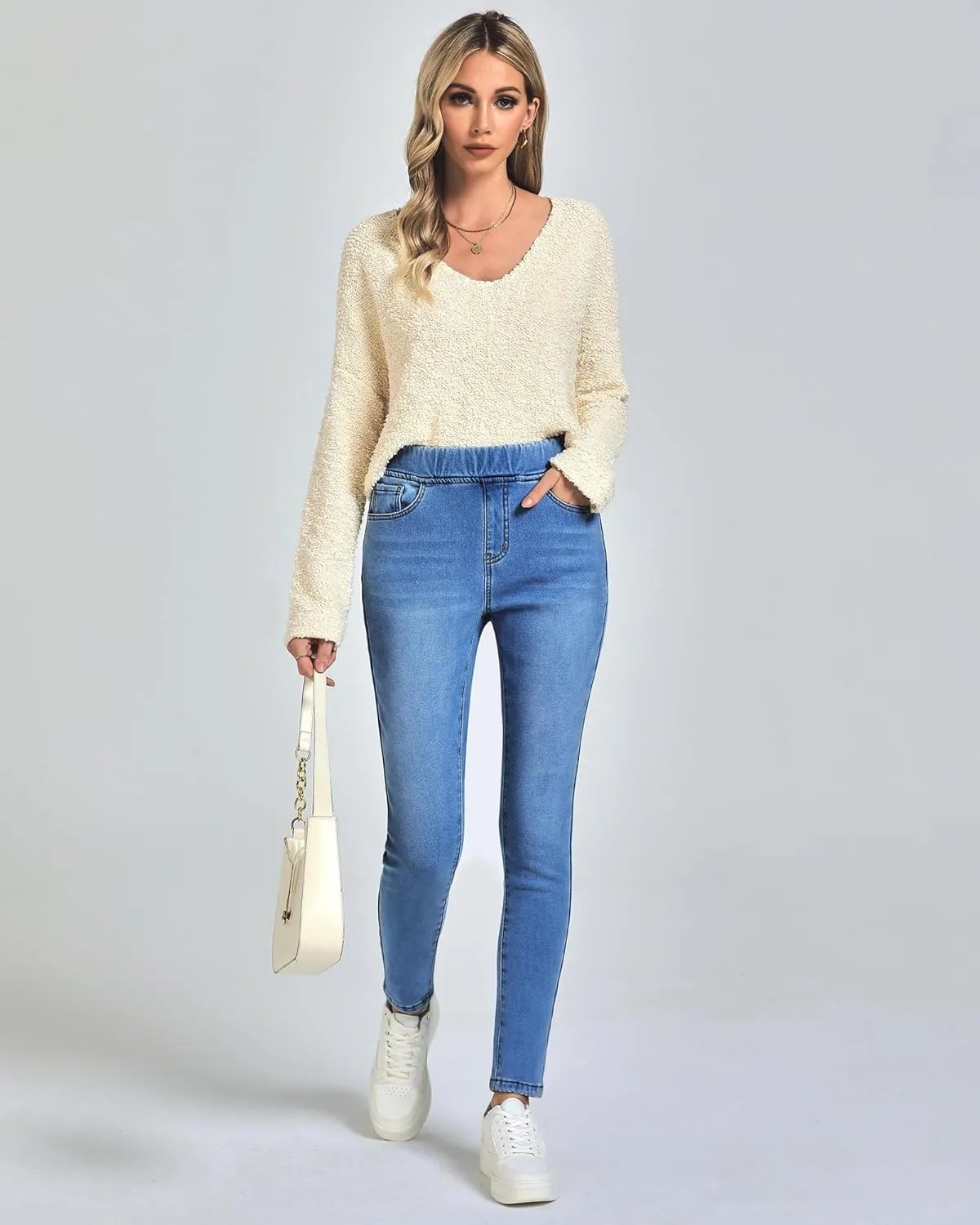 GRAPENT Jeans for Women High Waisted Pull On Fleece Lined Leggings Stretchy Denim Skinny Jeggings Thermal Winter Pants