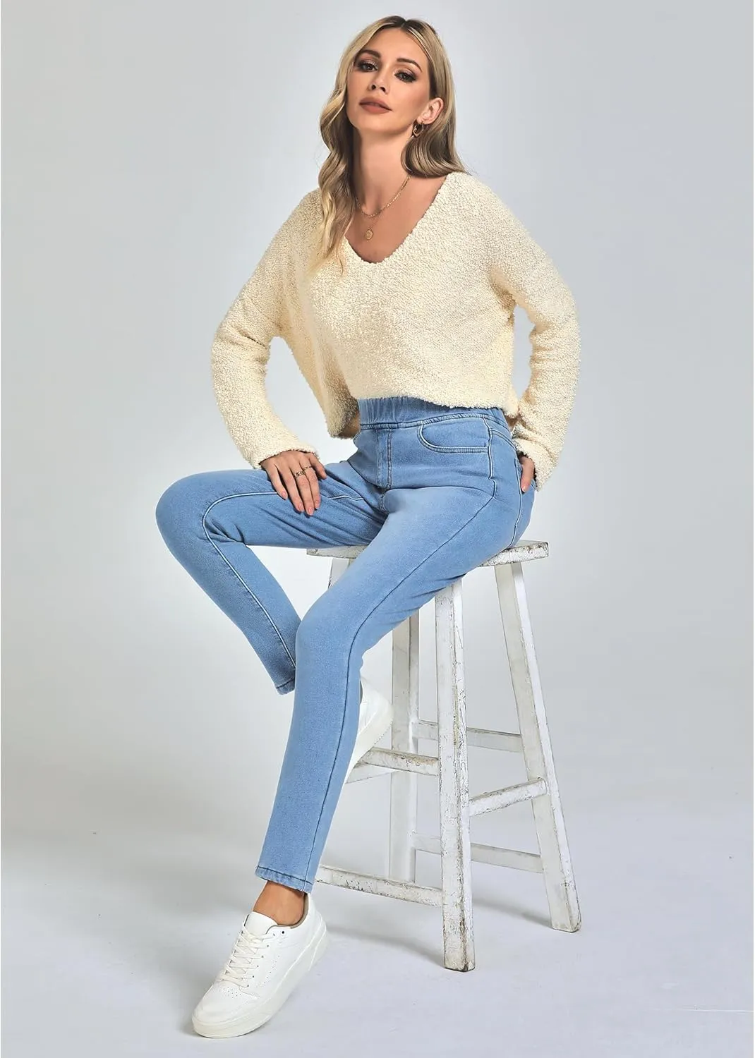 GRAPENT Jeans for Women High Waisted Pull On Fleece Lined Leggings Stretchy Denim Skinny Jeggings Thermal Winter Pants