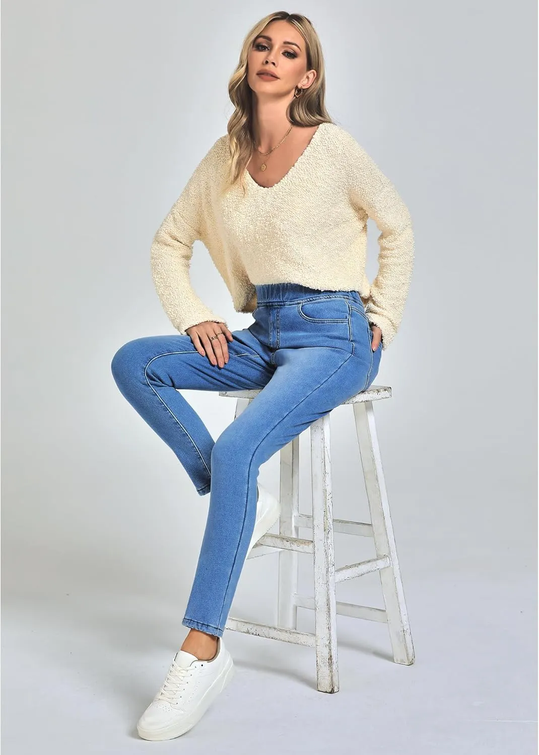 GRAPENT Jeans for Women High Waisted Pull On Fleece Lined Leggings Stretchy Denim Skinny Jeggings Thermal Winter Pants