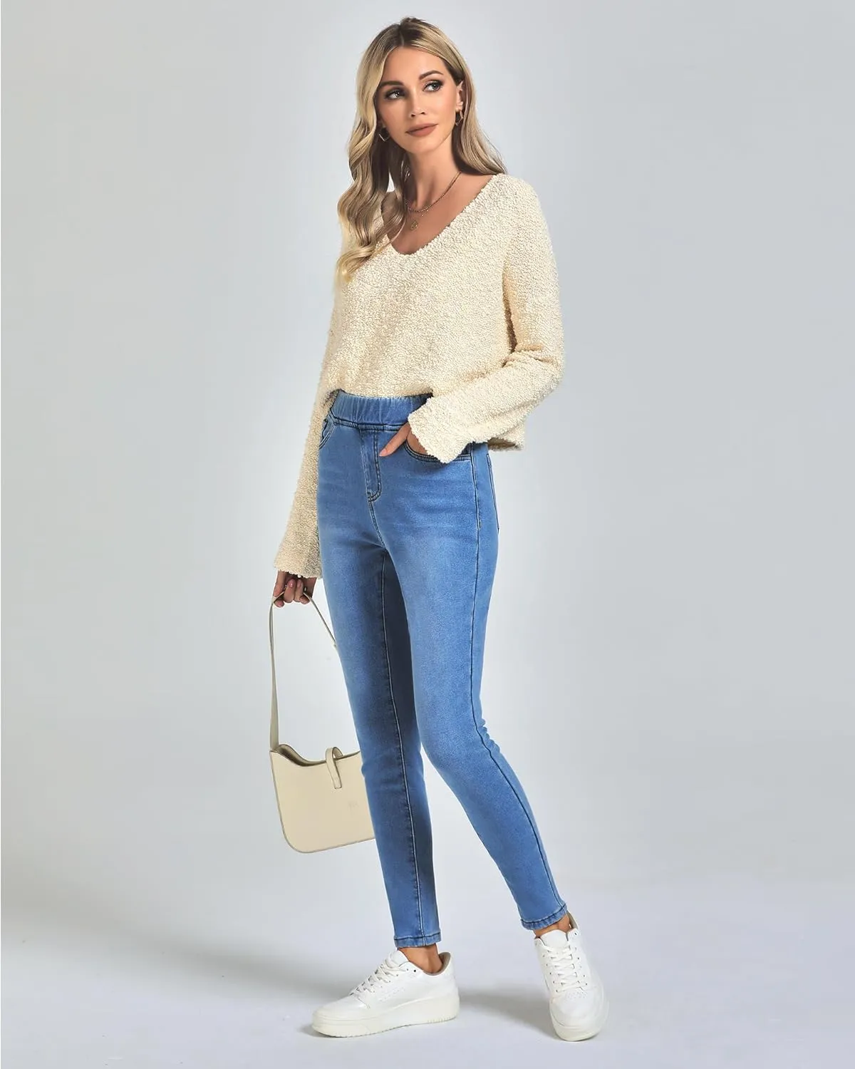 GRAPENT Jeans for Women High Waisted Pull On Fleece Lined Leggings Stretchy Denim Skinny Jeggings Thermal Winter Pants