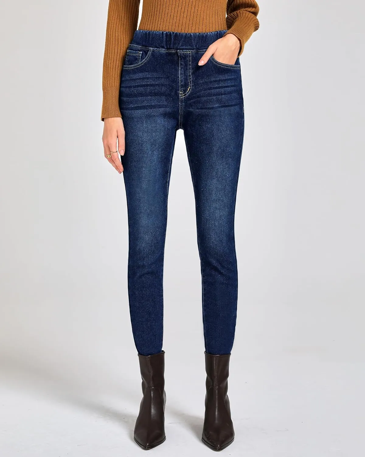GRAPENT Jeans for Women High Waisted Pull On Fleece Lined Leggings Stretchy Denim Skinny Jeggings Thermal Winter Pants