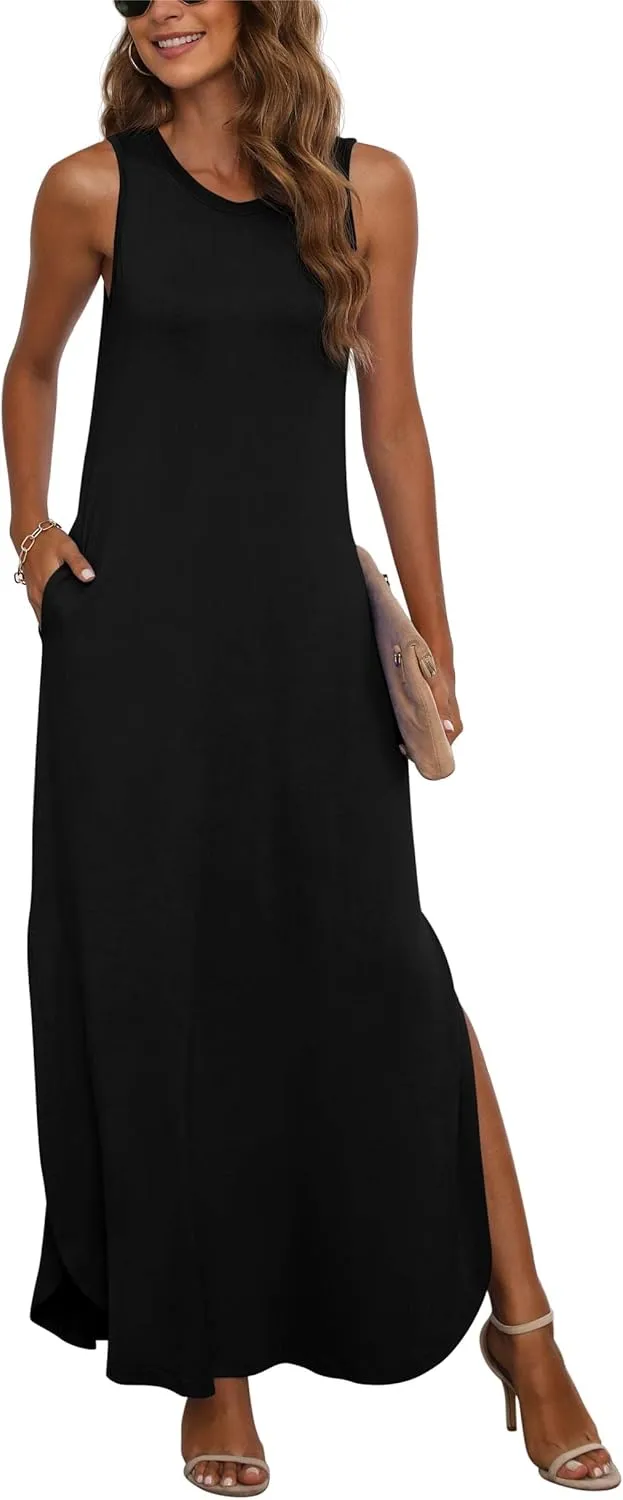 GRECERELLE Women's Summer Sleeveless Casual Long Dresses Split Maxi Dress with Pockets