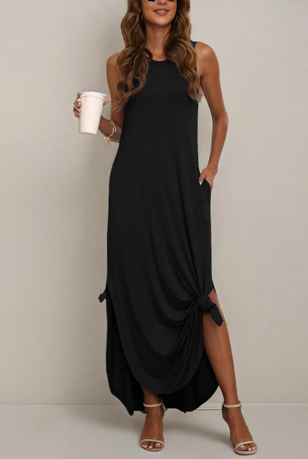 GRECERELLE Women's Summer Sleeveless Casual Long Dresses Split Maxi Dress with Pockets