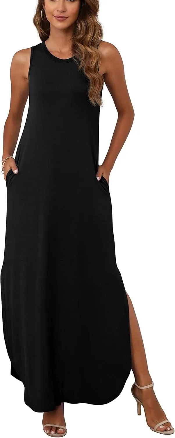 GRECERELLE Women's Summer Sleeveless Casual Long Dresses Split Maxi Dress with Pockets