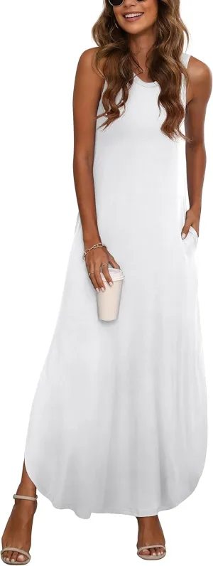 GRECERELLE Women's Summer Sleeveless Casual Long Dresses Split Maxi Dress with Pockets