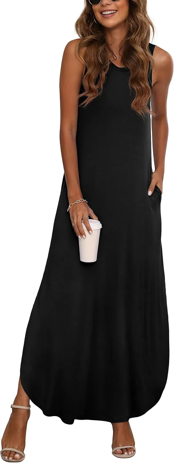 GRECERELLE Women's Summer Sleeveless Casual Long Dresses Split Maxi Dress with Pockets
