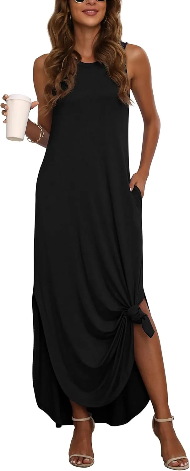 GRECERELLE Women's Summer Sleeveless Casual Long Dresses Split Maxi Dress with Pockets