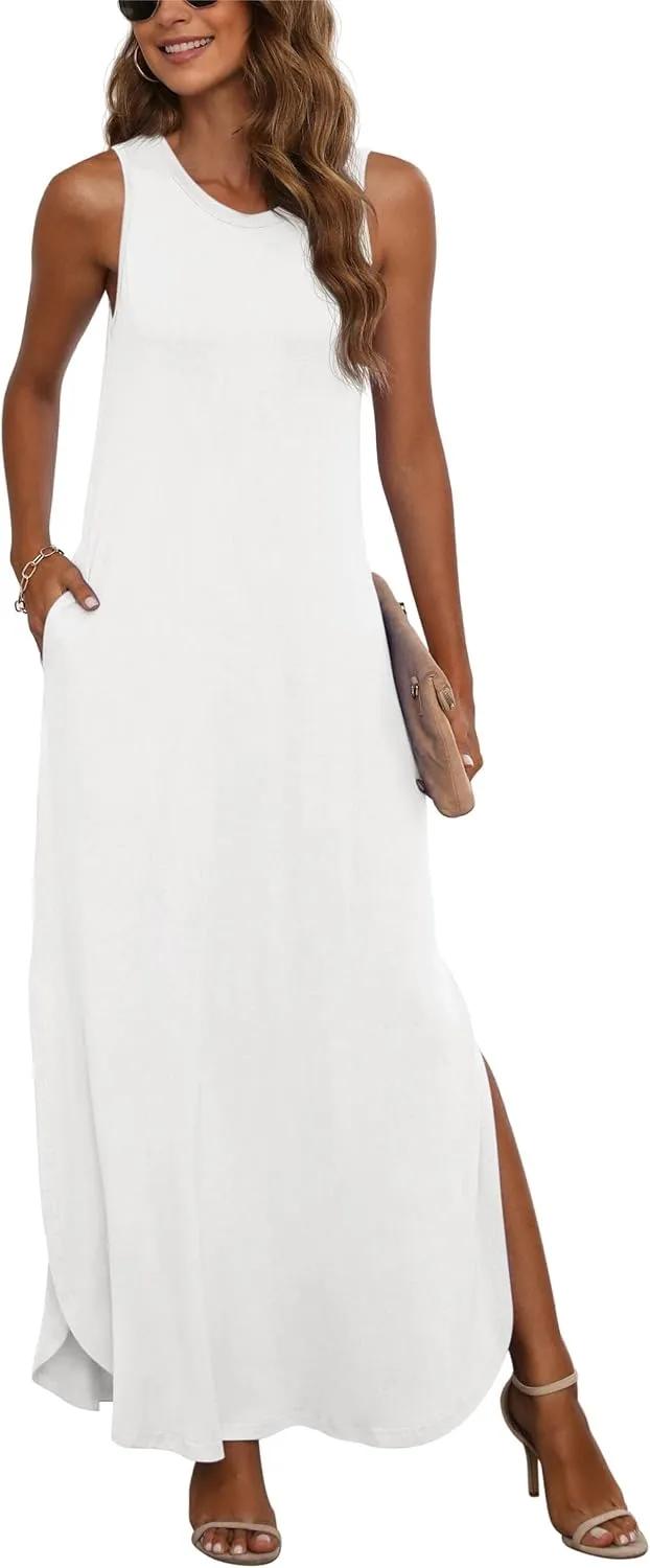 GRECERELLE Women's Summer Sleeveless Casual Long Dresses Split Maxi Dress with Pockets