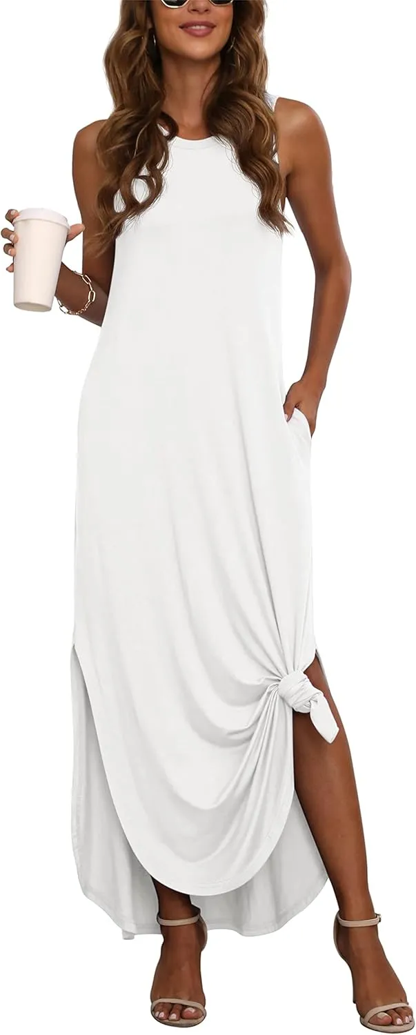 GRECERELLE Women's Summer Sleeveless Casual Long Dresses Split Maxi Dress with Pockets