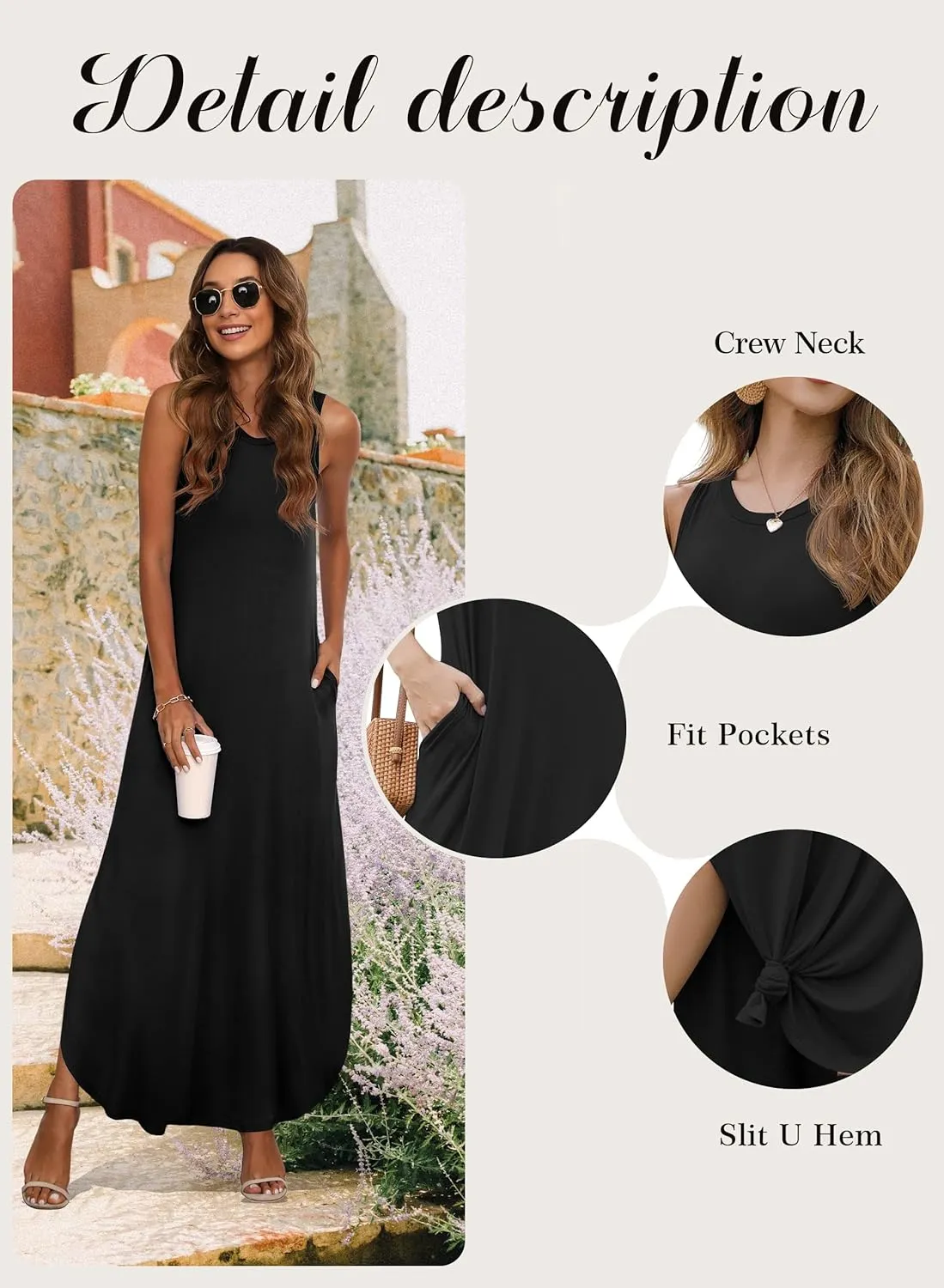 GRECERELLE Women's Summer Sleeveless Casual Long Dresses Split Maxi Dress with Pockets