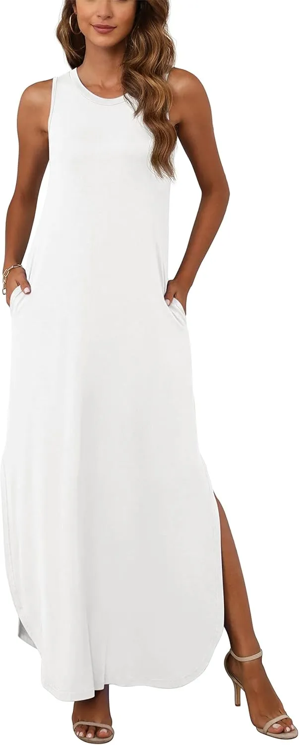GRECERELLE Women's Summer Sleeveless Casual Long Dresses Split Maxi Dress with Pockets