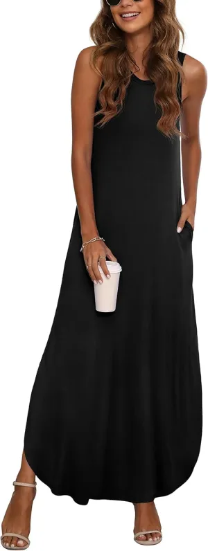 GRECERELLE Women's Summer Sleeveless Casual Long Dresses Split Maxi Dress with Pockets