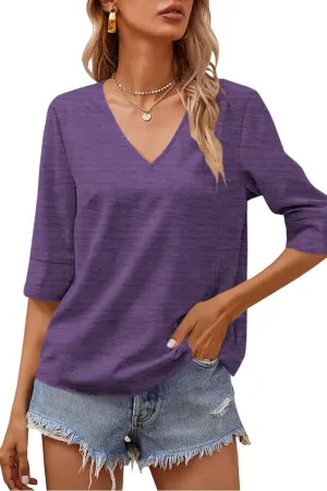 Grlasen Women Fashion Half Sleeve V-Neck T-Shirt Solid Loose Basic Tops
