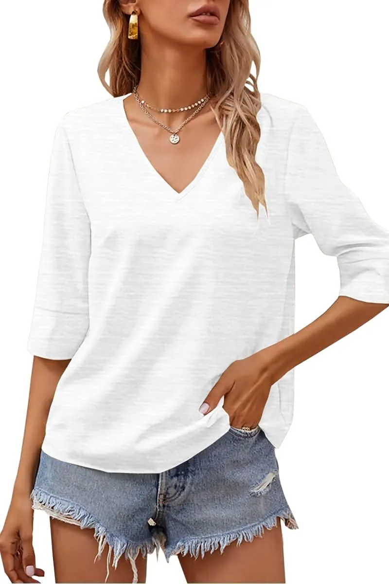 Grlasen Women Fashion Half Sleeve V-Neck T-Shirt Solid Loose Basic Tops