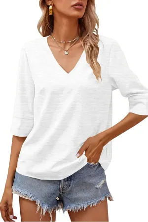 Grlasen Women Fashion Half Sleeve V-Neck T-Shirt Solid Loose Basic Tops