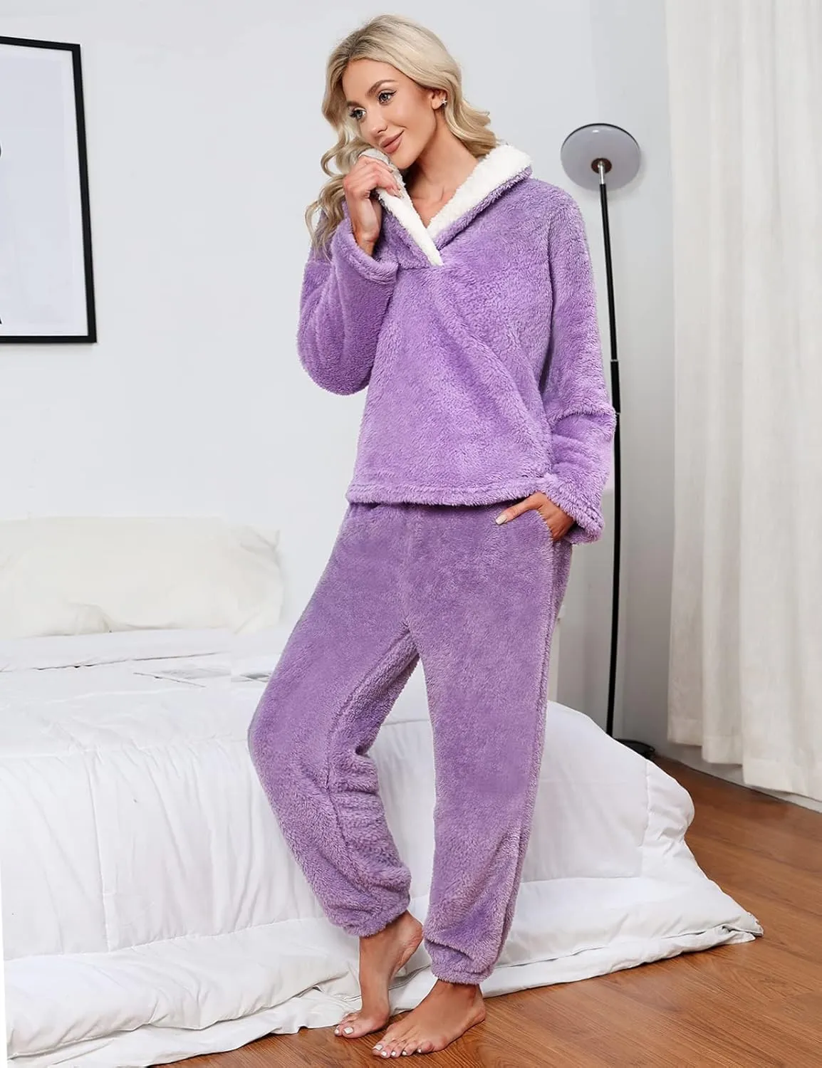HEEKPEK Fuzzy Pajamas Set for Women Winter Warm Fluffy Loungewear Soft Fleece Pj Pants 2 Piece Plush Sleepwear Lounge Tops
