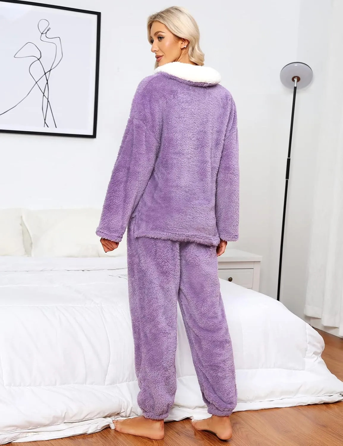 HEEKPEK Fuzzy Pajamas Set for Women Winter Warm Fluffy Loungewear Soft Fleece Pj Pants 2 Piece Plush Sleepwear Lounge Tops