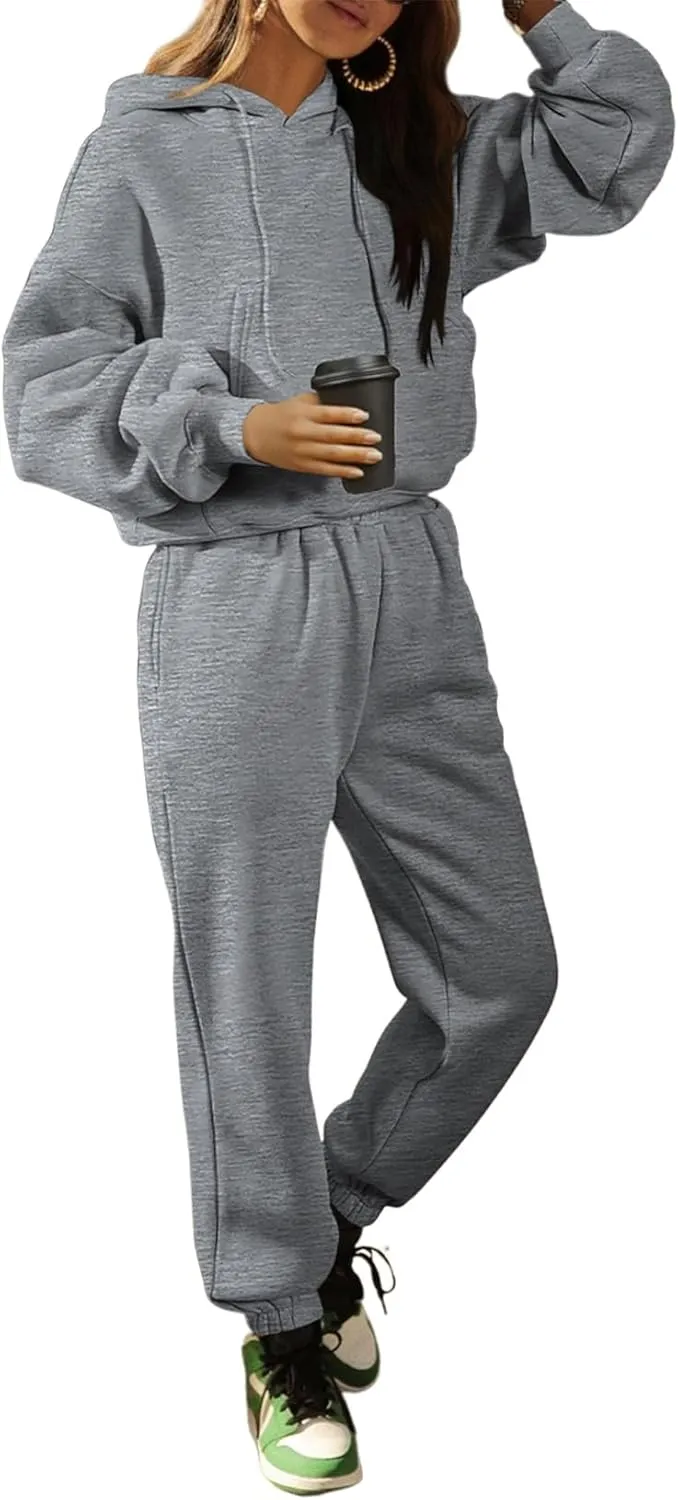 Herseas Womens 2 Piece Fleece Outfits Long Sleeve Crop Hoodie Sweatshirt with Jogger Pants Tracksuit Lounge Set