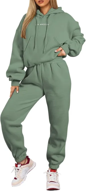 Herseas Womens 2 Piece Fleece Outfits Long Sleeve Crop Hoodie Sweatshirt with Jogger Pants Tracksuit Lounge Set