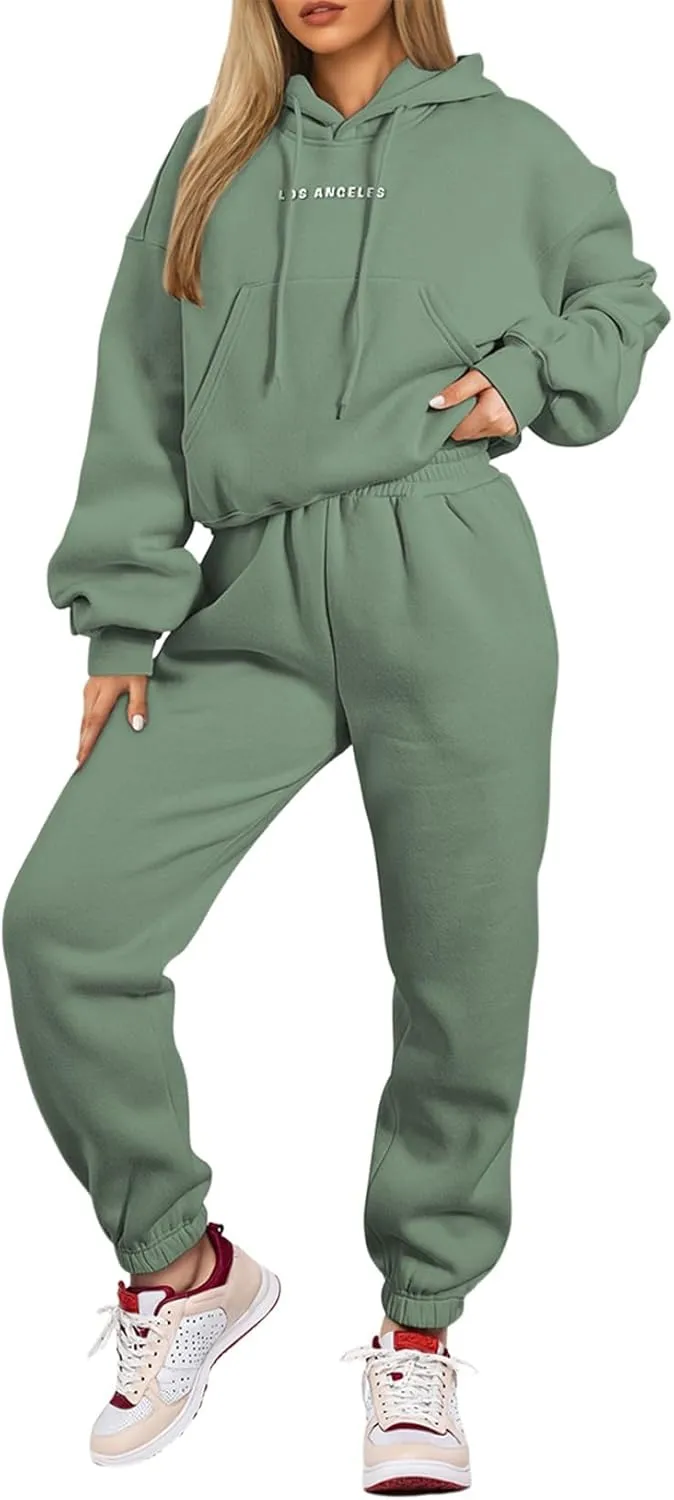 Herseas Womens 2 Piece Fleece Outfits Long Sleeve Crop Hoodie Sweatshirt with Jogger Pants Tracksuit Lounge Set