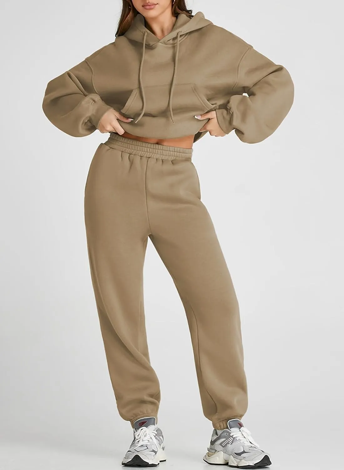 Herseas Womens 2 Piece Fleece Outfits Long Sleeve Crop Hoodie Sweatshirt with Jogger Pants Tracksuit Lounge Set