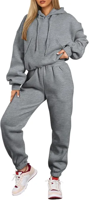 Herseas Womens 2 Piece Fleece Outfits Long Sleeve Crop Hoodie Sweatshirt with Jogger Pants Tracksuit Lounge Set