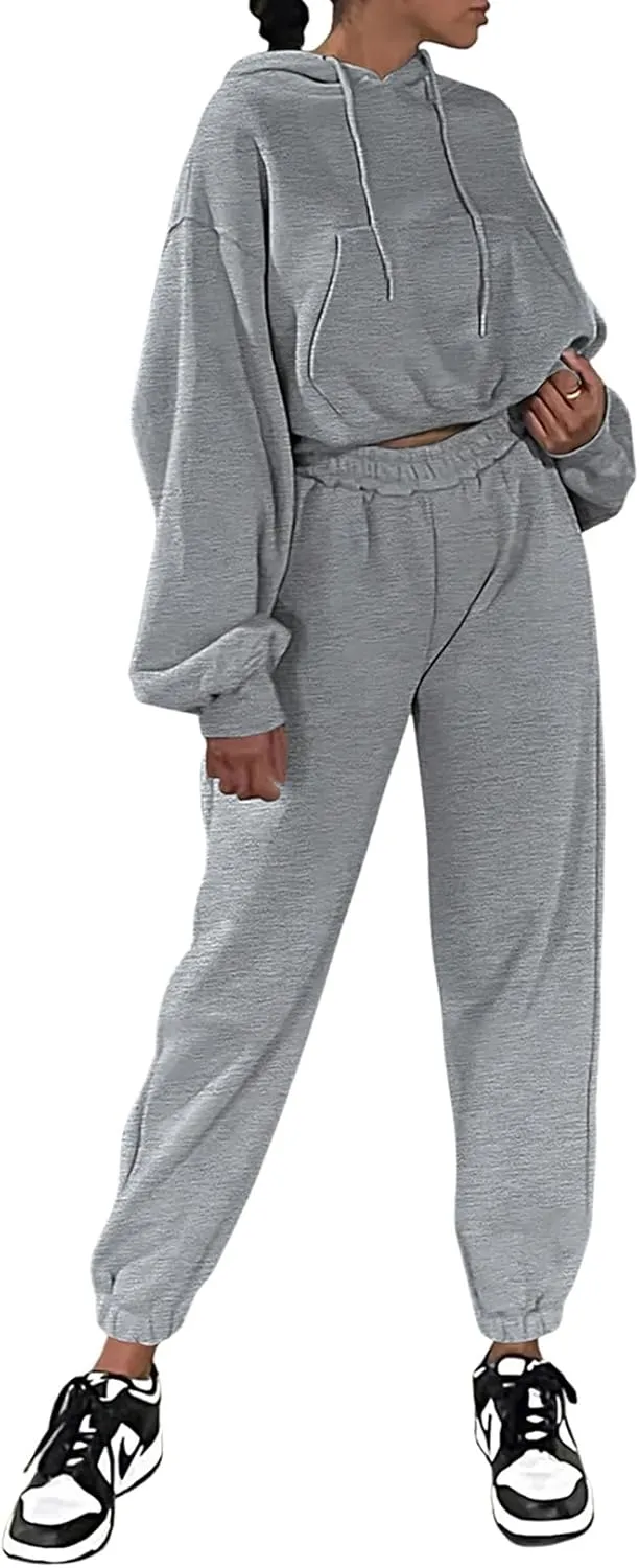 Herseas Womens 2 Piece Fleece Outfits Long Sleeve Crop Hoodie Sweatshirt with Jogger Pants Tracksuit Lounge Set