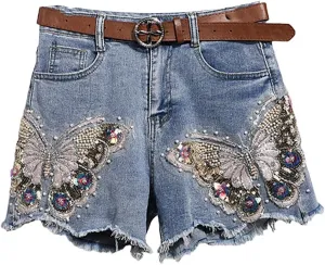 High Waist Denim Hot Pants Embroidered Blue Butterflys Shorts Women Jeans