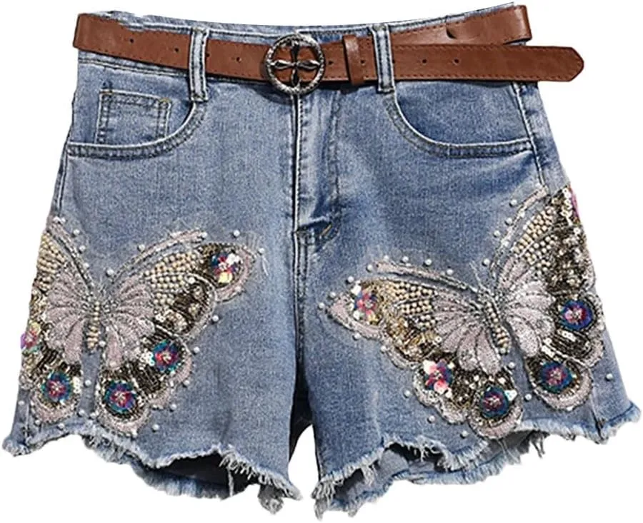 High Waist Denim Hot Pants Embroidered Blue Butterflys Shorts Women Jeans