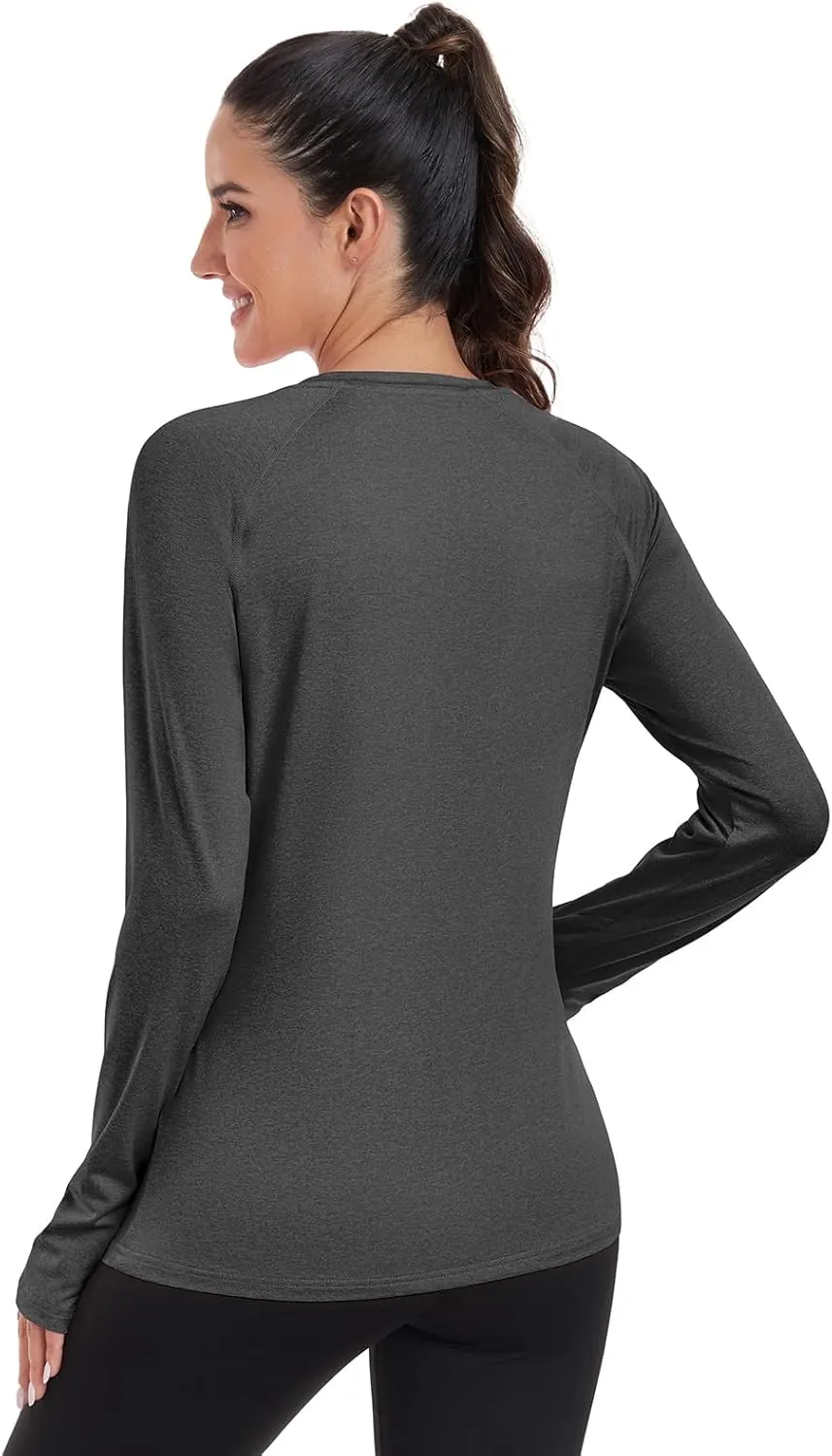 HISKYWIN Women's Quick Dry Shirts UPF 50  Sun Protection V-Neck Long Sleeve Athletic Workout Tops