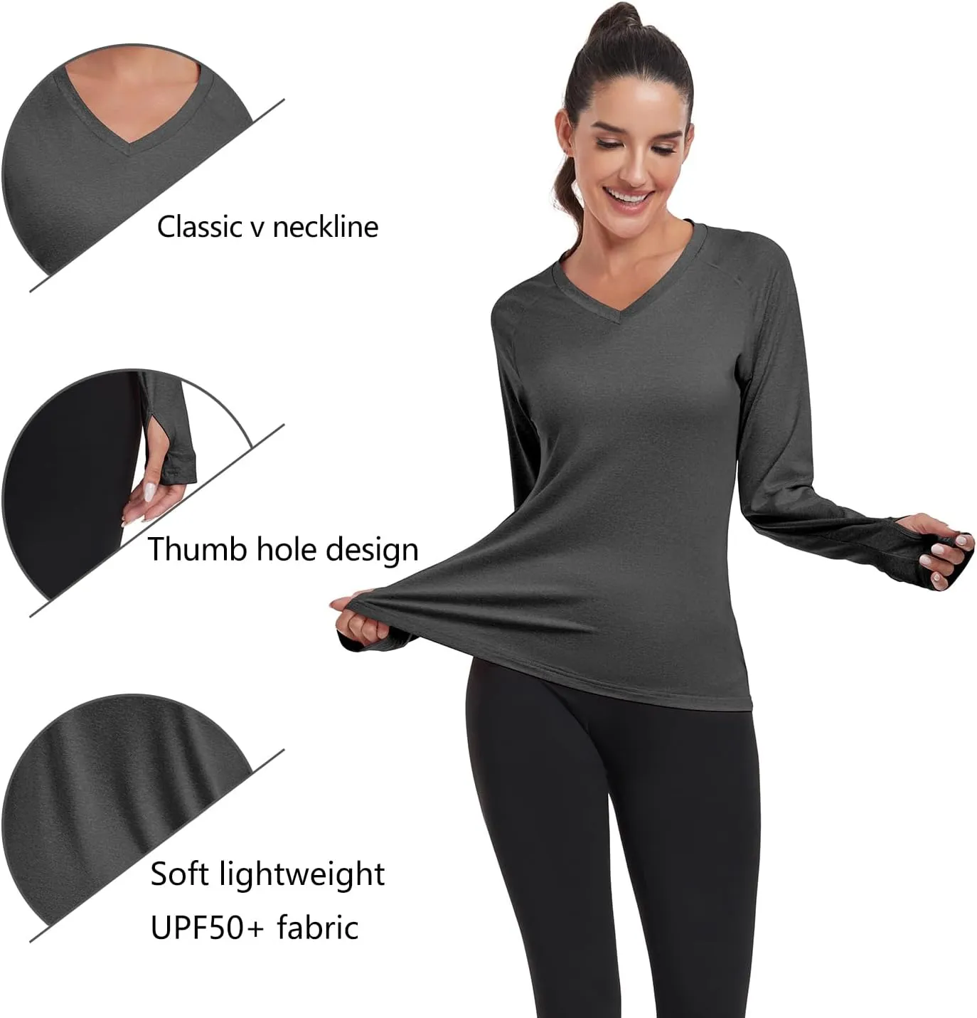 HISKYWIN Women's Quick Dry Shirts UPF 50  Sun Protection V-Neck Long Sleeve Athletic Workout Tops