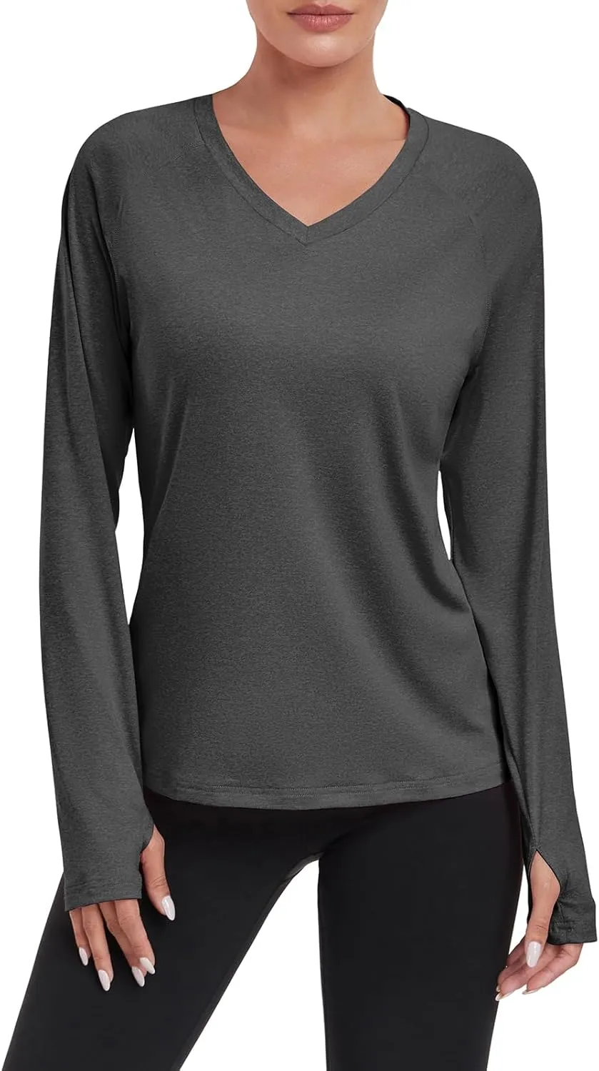 HISKYWIN Women's Quick Dry Shirts UPF 50  Sun Protection V-Neck Long Sleeve Athletic Workout Tops