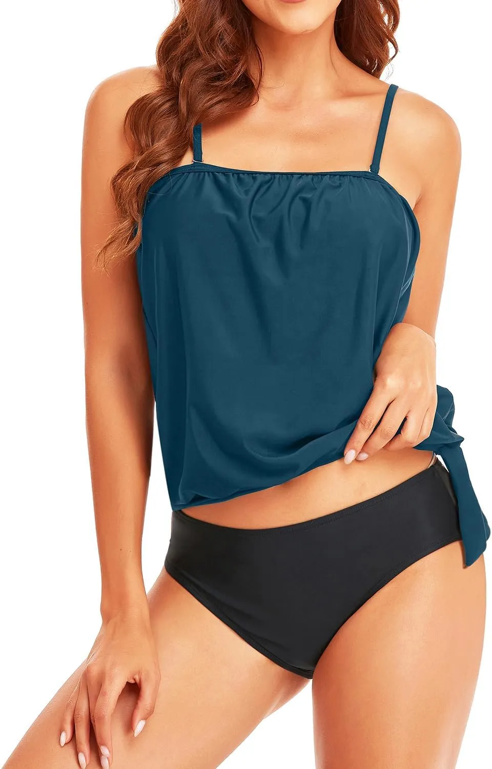Holipick Two Piece Bathing Suit Strapless Tankini Swimsuits for Women Bandeau Swimsuits Blouson Tankini Tops with Bottom