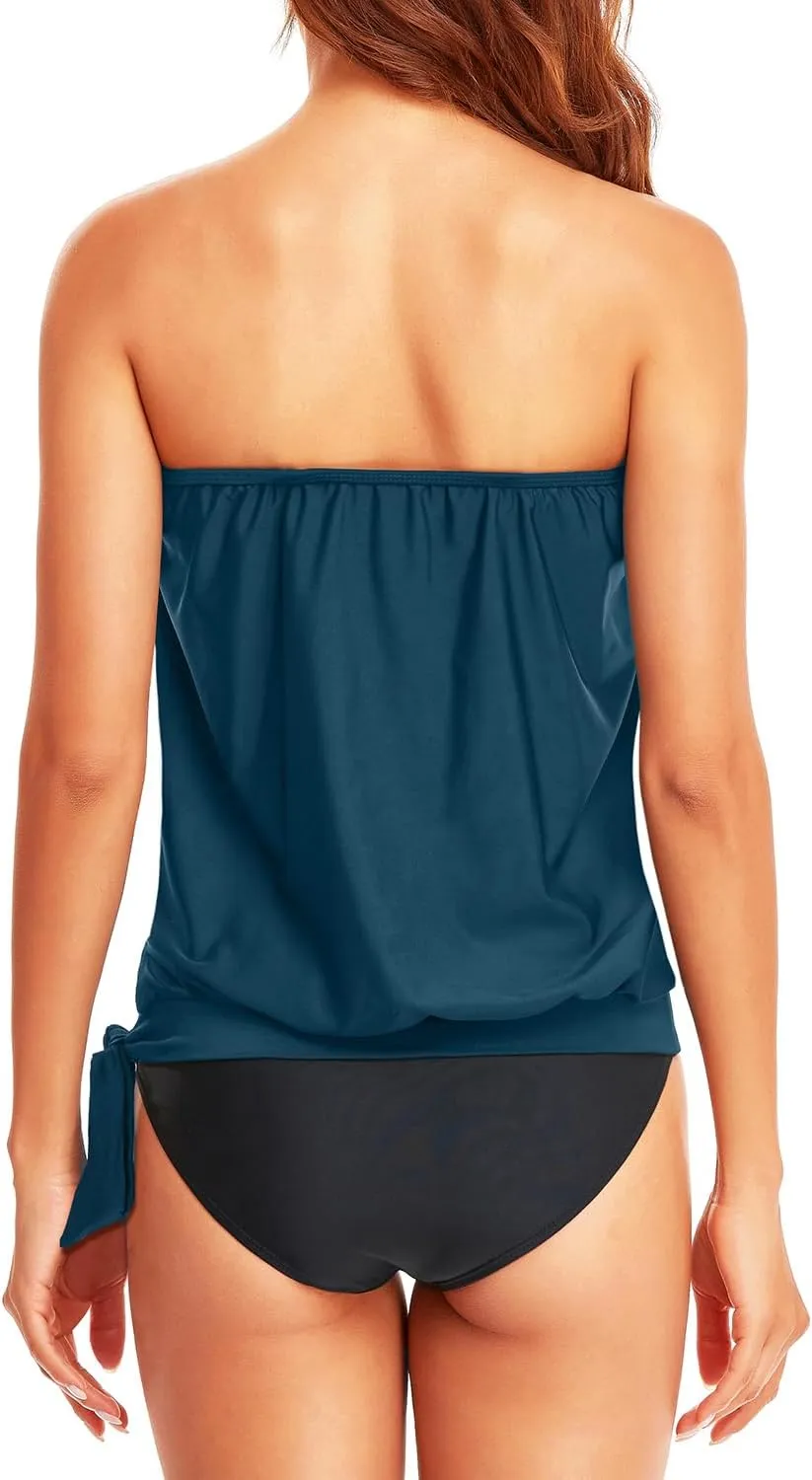 Holipick Two Piece Bathing Suit Strapless Tankini Swimsuits for Women Bandeau Swimsuits Blouson Tankini Tops with Bottom