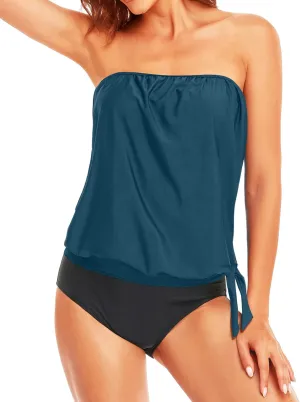 Holipick Two Piece Bathing Suit Strapless Tankini Swimsuits for Women Bandeau Swimsuits Blouson Tankini Tops with Bottom