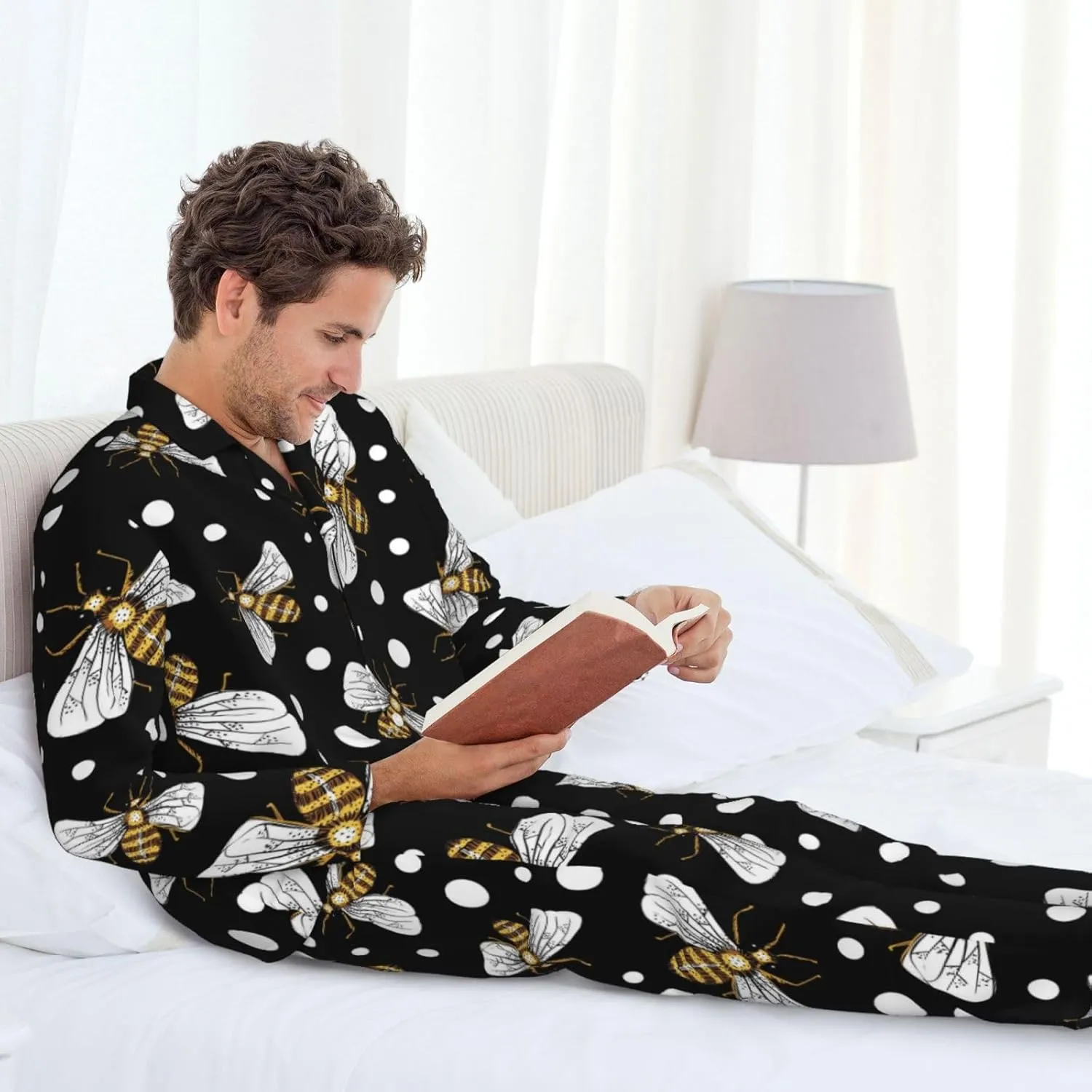 Honey Bees at Night Mens Pajama Sets 2 Piece Loungewear Button Down Sleepwear Pjs Set