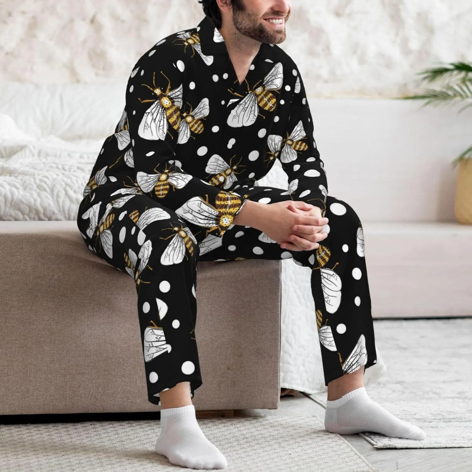 Honey Bees at Night Mens Pajama Sets 2 Piece Loungewear Button Down Sleepwear Pjs Set
