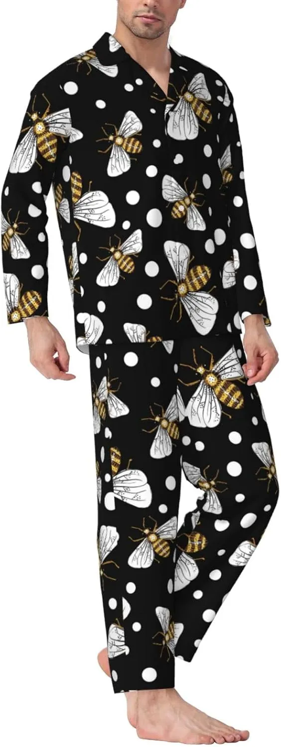 Honey Bees at Night Mens Pajama Sets 2 Piece Loungewear Button Down Sleepwear Pjs Set