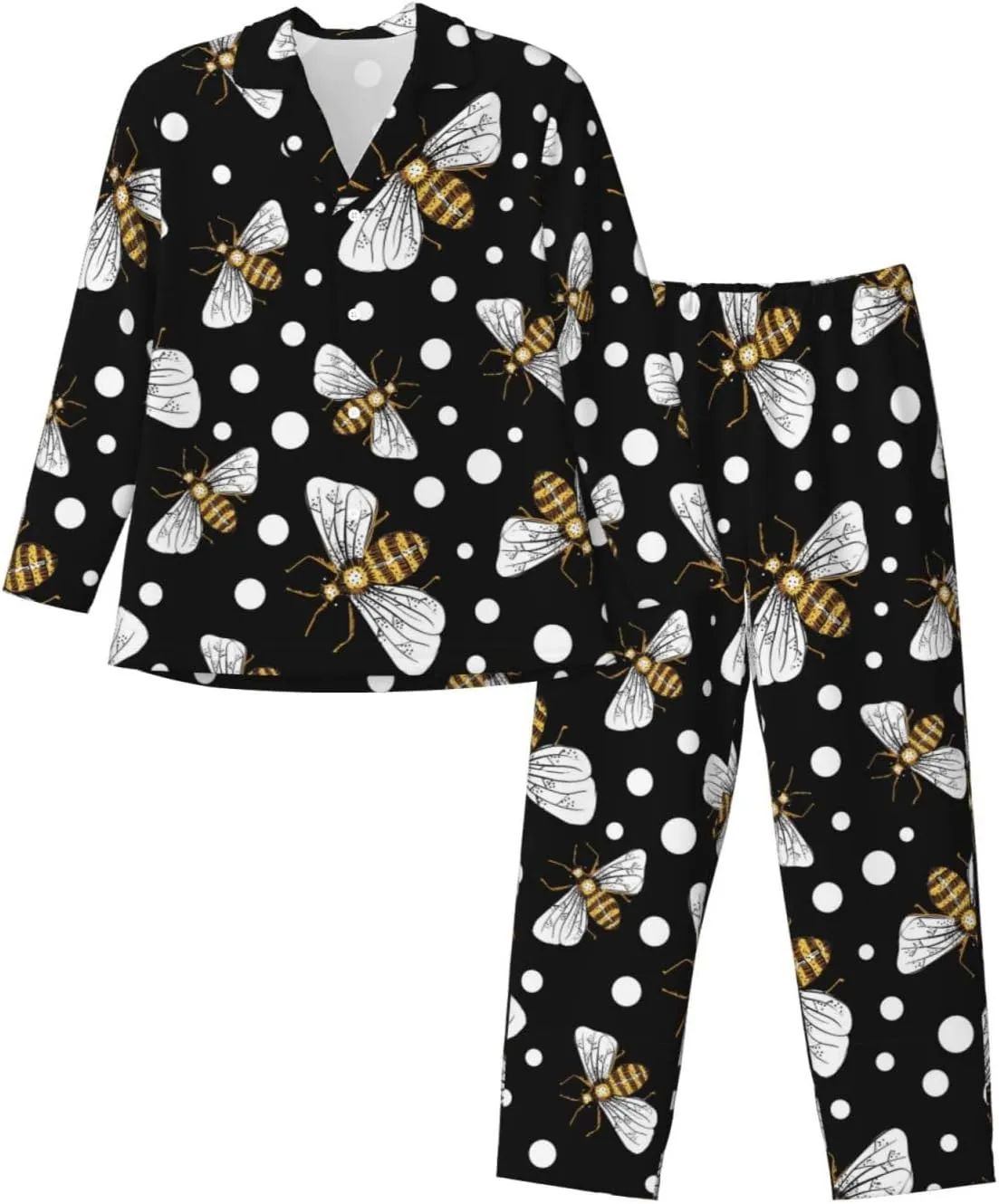 Honey Bees at Night Mens Pajama Sets 2 Piece Loungewear Button Down Sleepwear Pjs Set