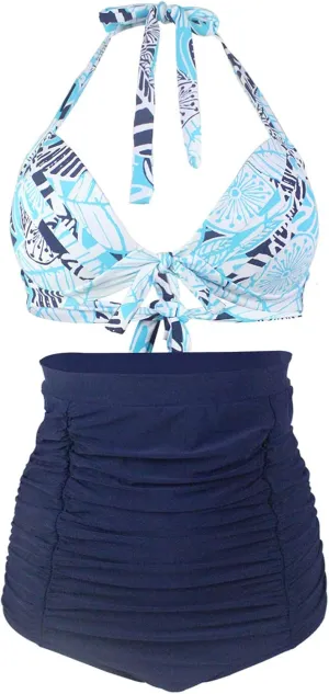 Honeystore Women's Retro 50s Halter High Waist Ruched Bikini Swimsuit