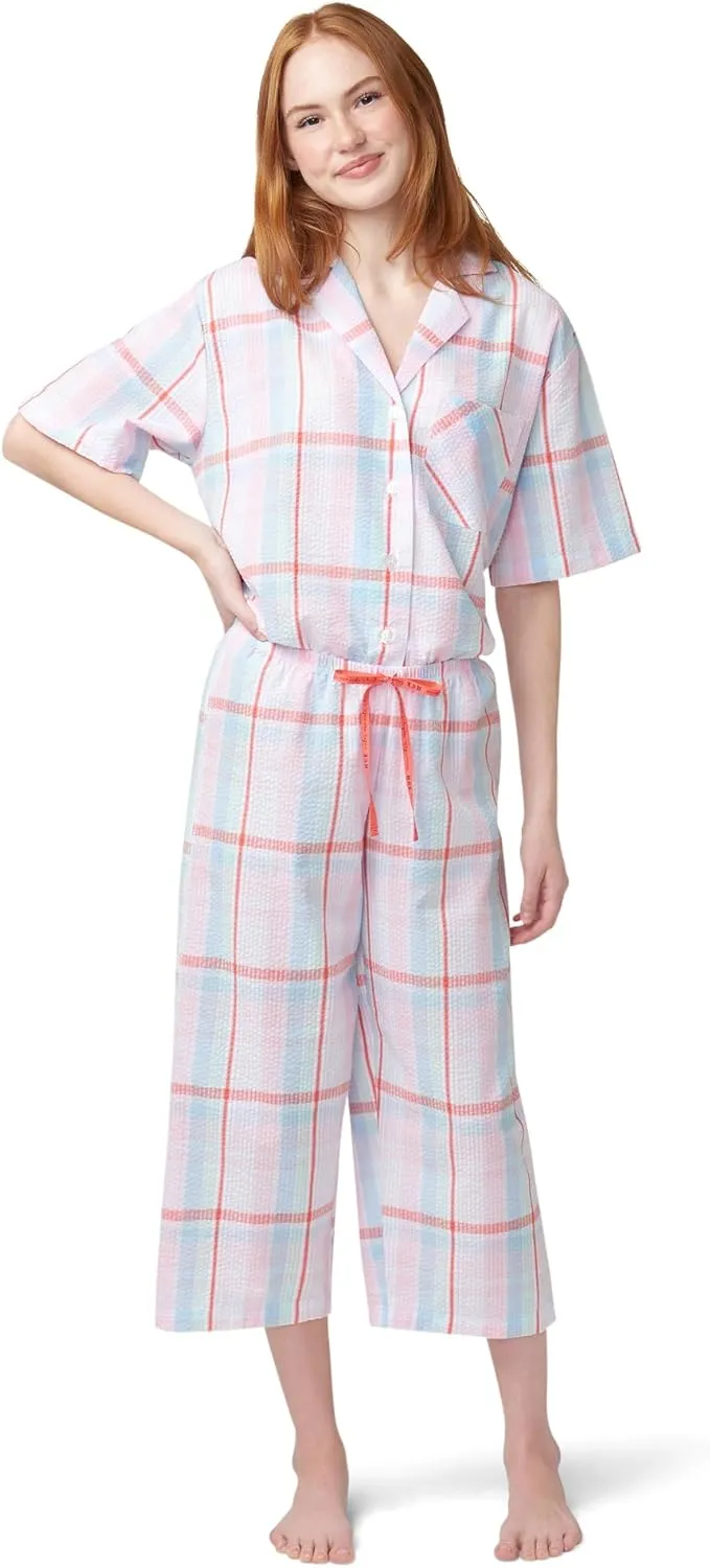 HUE Women's Summer Vacation Pajama Separates, Soft, Whimsical Print Pjs with Tropical Beach Themes, Flip Flops, Cocktails