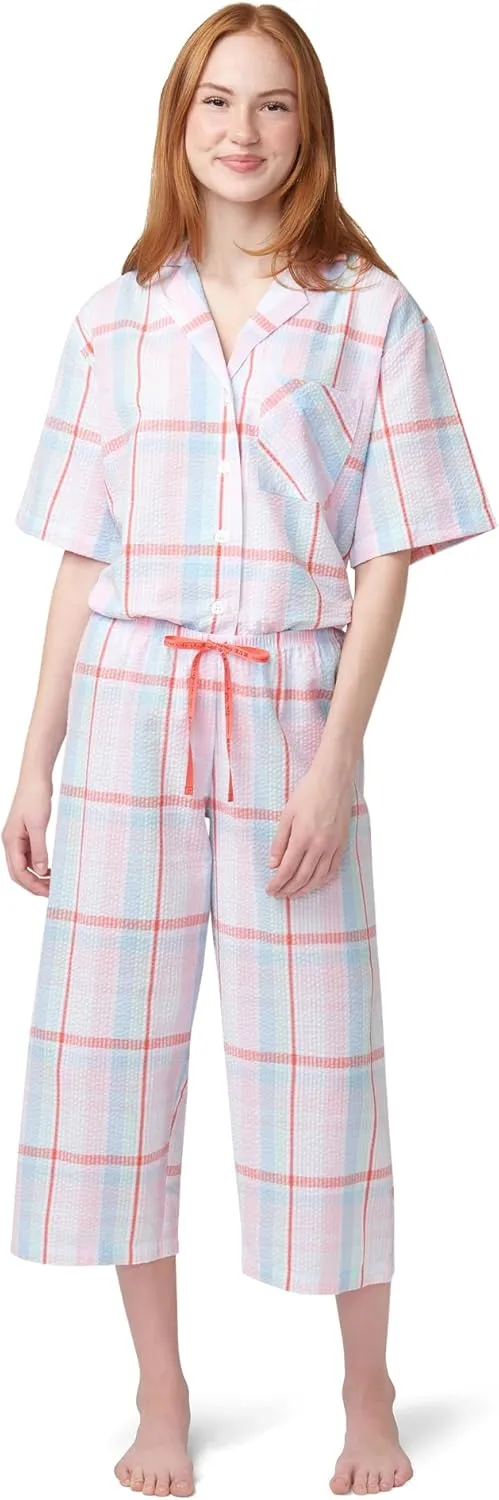 HUE Women's Summer Vacation Pajama Separates, Soft, Whimsical Print Pjs with Tropical Beach Themes, Flip Flops, Cocktails