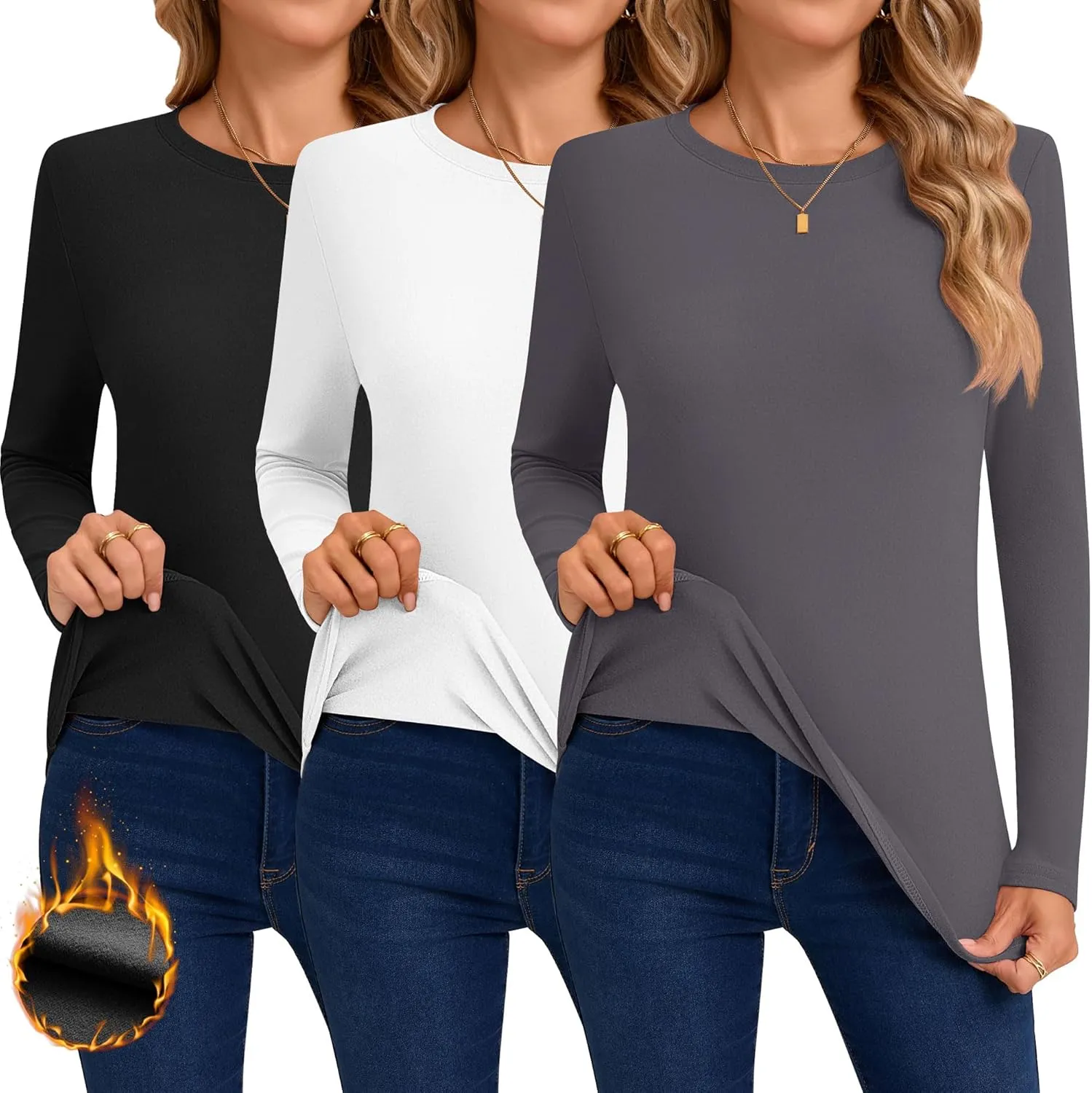 Huukeay 3 Pack Women's Thermal Shirts Long Sleeve De Velvet Lined Underwear Tops Crew Neck Slim Fit Basic Base Layer Tee