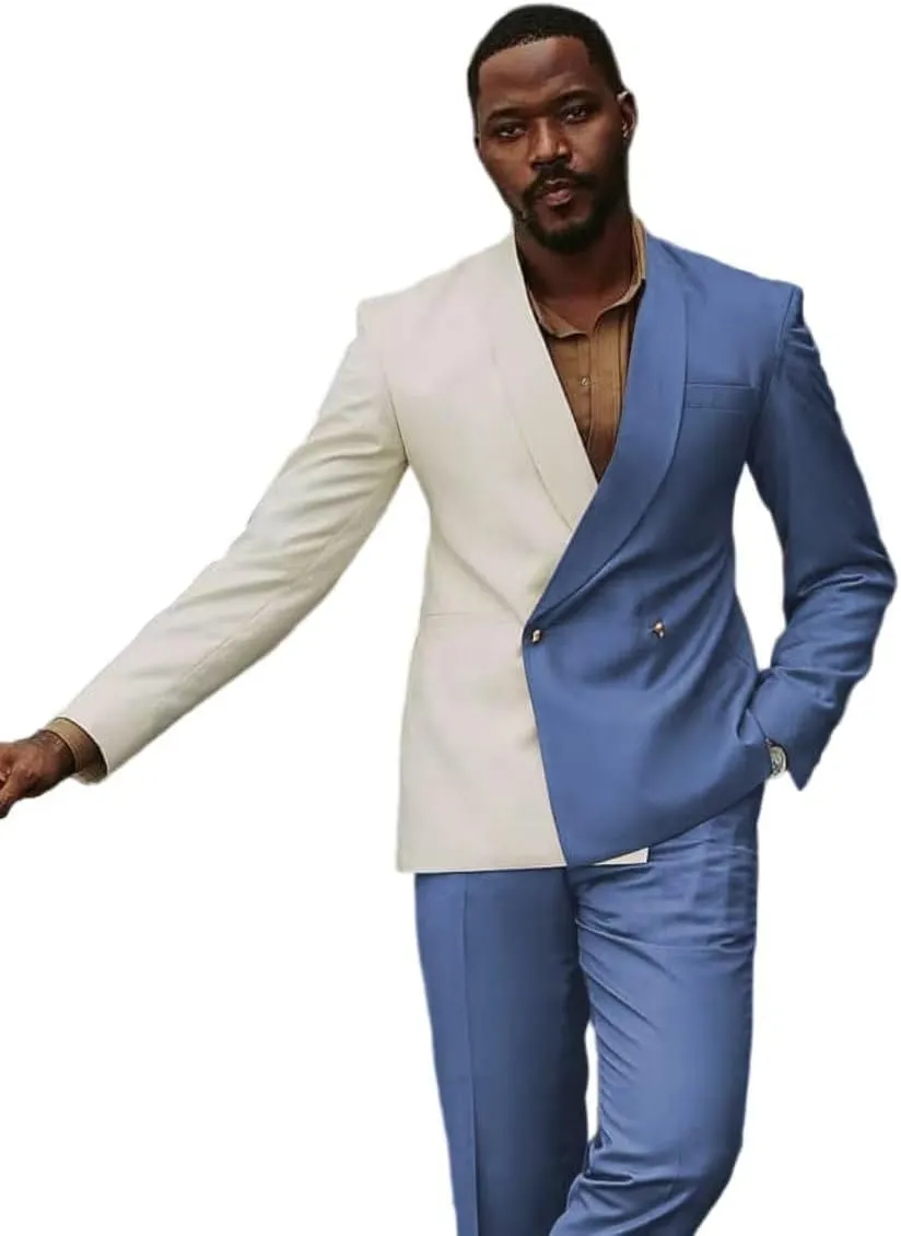 HZUOU Casual Patchwork Men Suits 2 Pieces Shawl Lapel Business Suits Party Prom Double Breasted Wedding Tuxedos HZH23