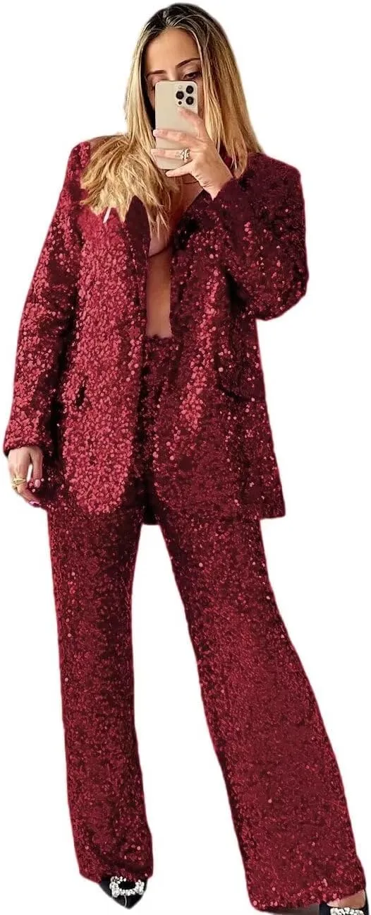 HZUOU Sequin Suits for Women Sparkly Ladies Party Clubwear 2 Pieces Wedding Festival Outfits with Wide Leg Flare Pants HZH45