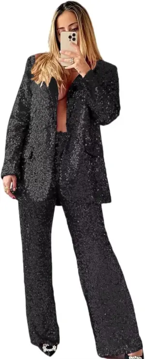 HZUOU Sequin Suits for Women Sparkly Ladies Party Clubwear 2 Pieces Wedding Festival Outfits with Wide Leg Flare Pants HZH45