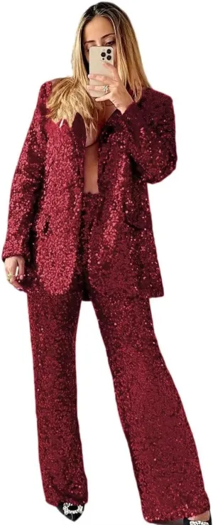 HZUOU Sequin Suits for Women Sparkly Ladies Party Clubwear 2 Pieces Wedding Festival Outfits with Wide Leg Flare Pants HZH45
