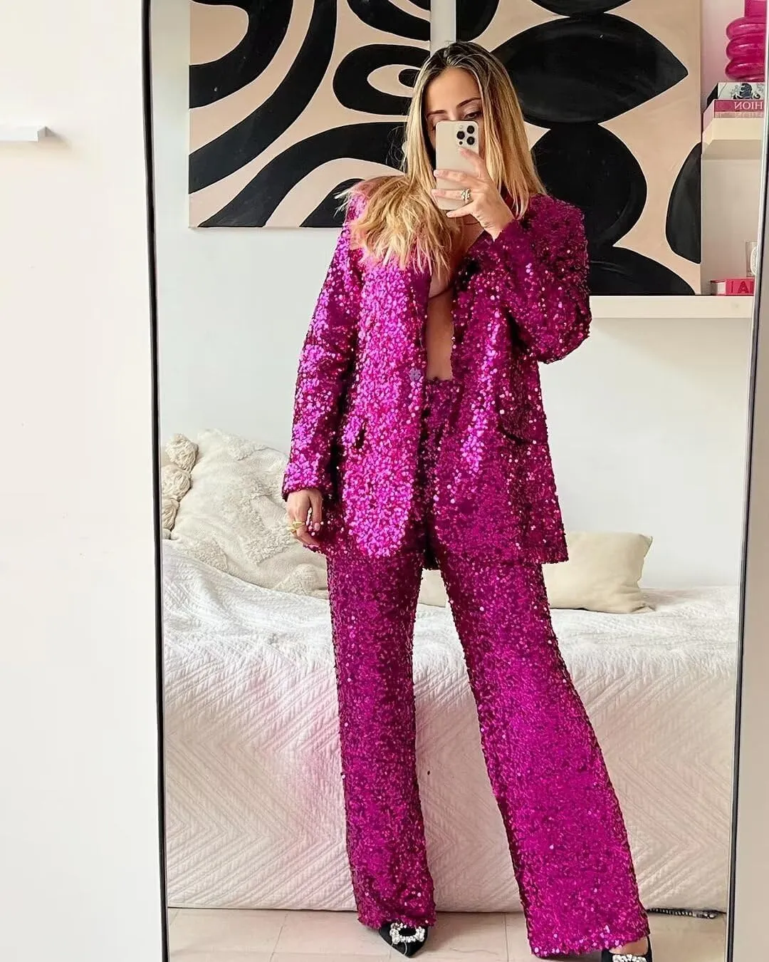 HZUOU Sequin Suits for Women Sparkly Ladies Party Clubwear 2 Pieces Wedding Festival Outfits with Wide Leg Flare Pants HZH45