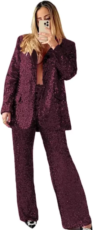 HZUOU Sequin Suits for Women Sparkly Ladies Party Clubwear 2 Pieces Wedding Festival Outfits with Wide Leg Flare Pants HZH45